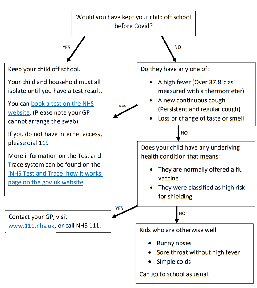 Flow chart to advise when you should and shouldn't send your child to school